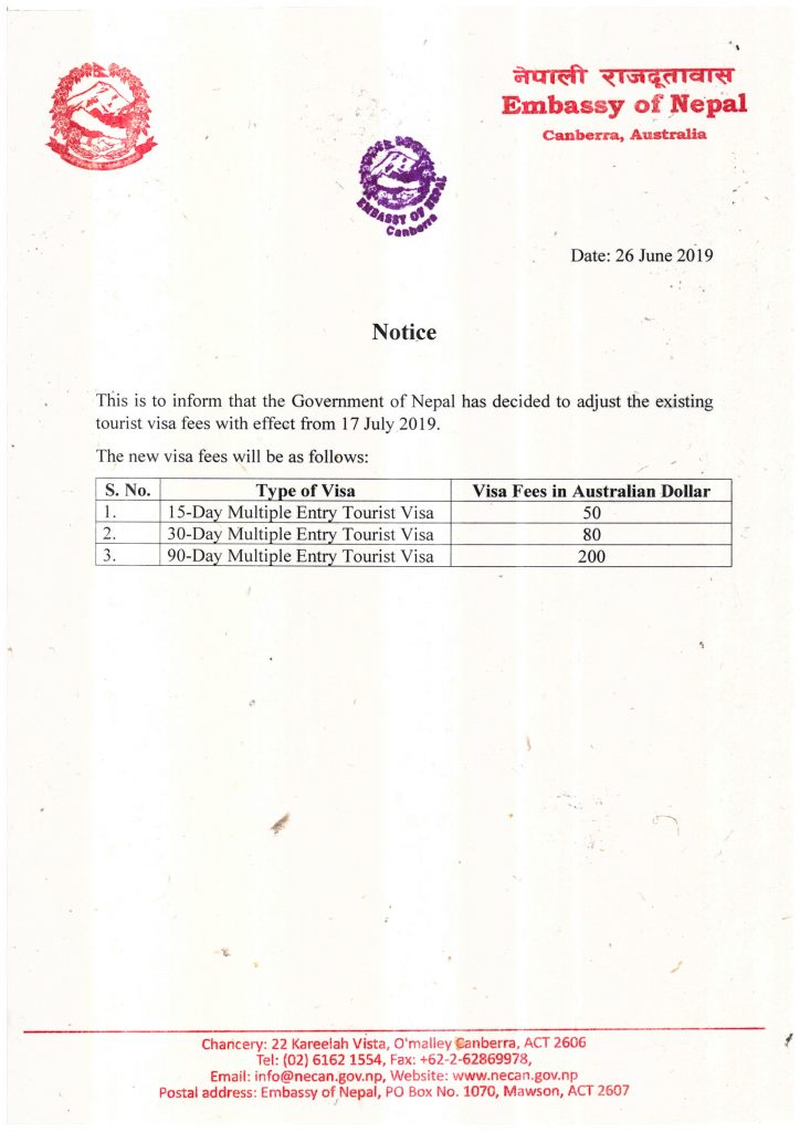 Important Regarding New Tourist Visa Fees Embassy of Nepal - Canberra,
